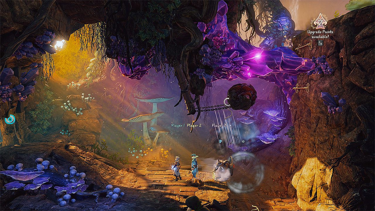 A screenshot of Trine 4 displaying Pontius' strength as he charges forward hitting a boulder to break through a giant obstacle of crystals