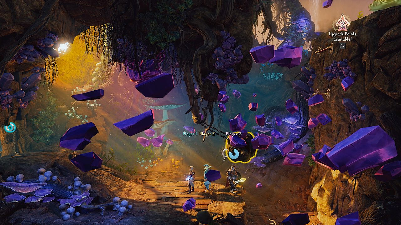 A screenshot of Trine 4 displaying Pontius' strength as he charges forward hitting a boulder to break through a giant obstacle of crystals