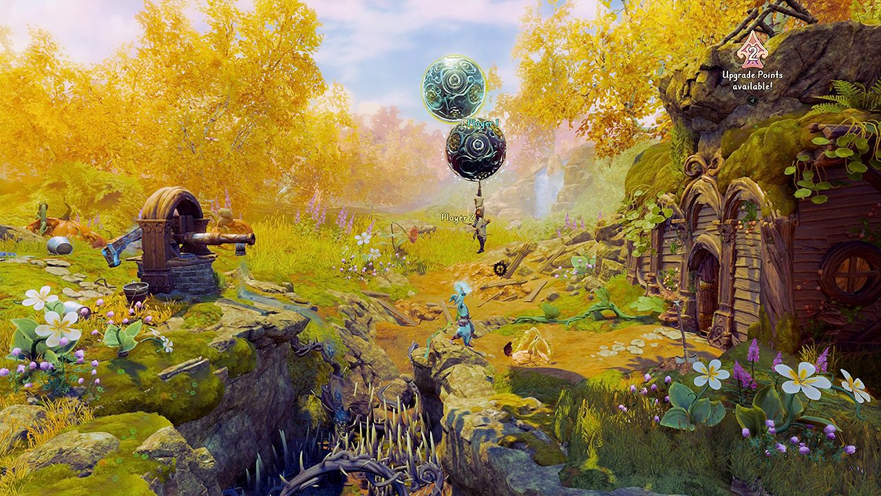 A screenshot from Trine 4 where Zoya is flying in the air with the help of Amadeus' two balls and her roping ability