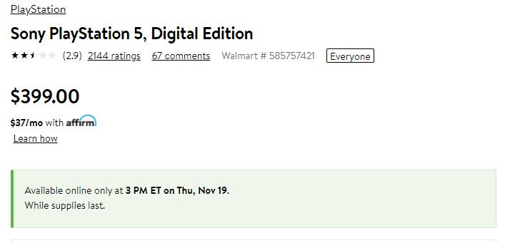 Walmart To Restock "Another Lot of PlayStation 5 (PS5)" on 11/19