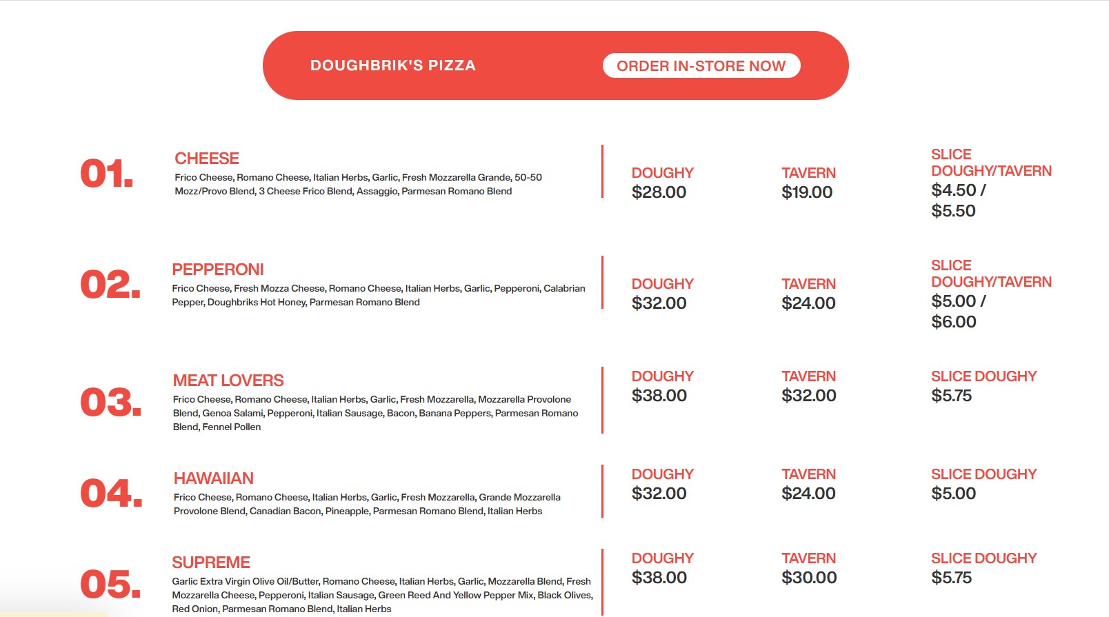 Doughbrik's Pizza Menu
