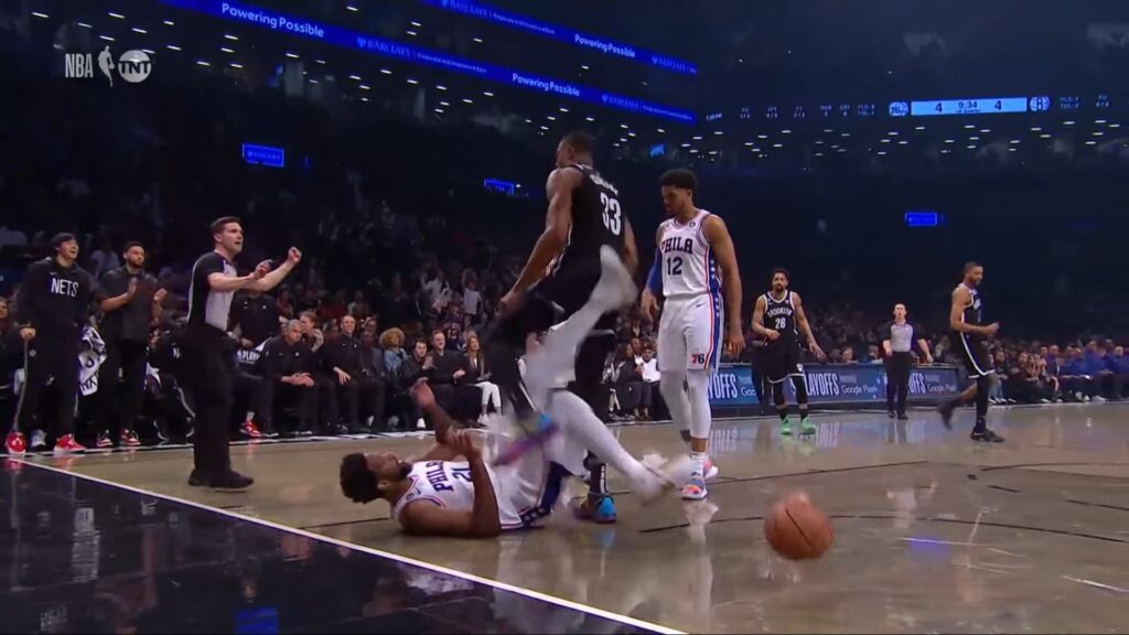 Joel Embiid kicks Nic Claxton