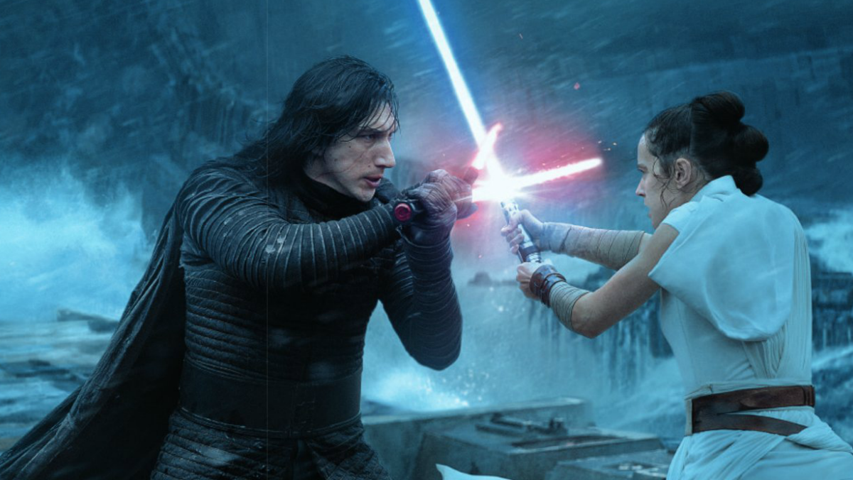 Rey Skywalker and Kylo Ren fight on the Death Star in Endor
