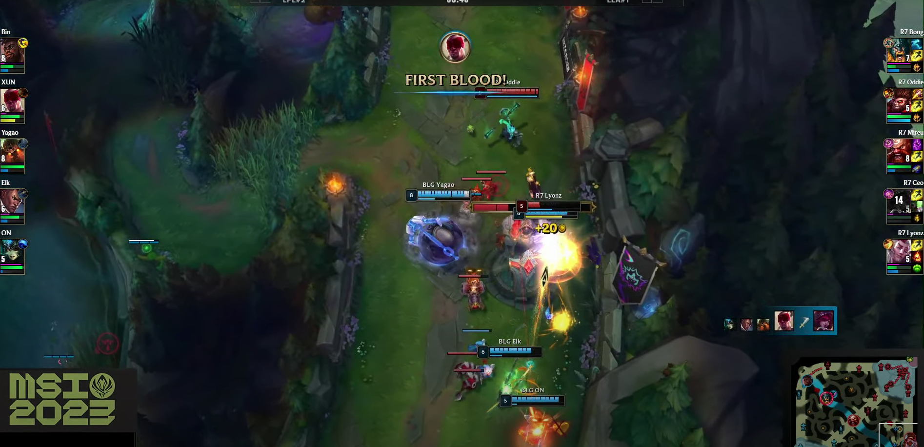 First blood by Xun in the bottom lane, BLG vs R7