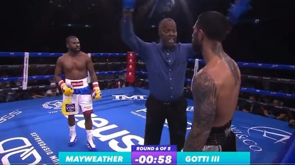 Chaos breaks out after stoppage of Floyd Mayweather vs John Gotti III bout
