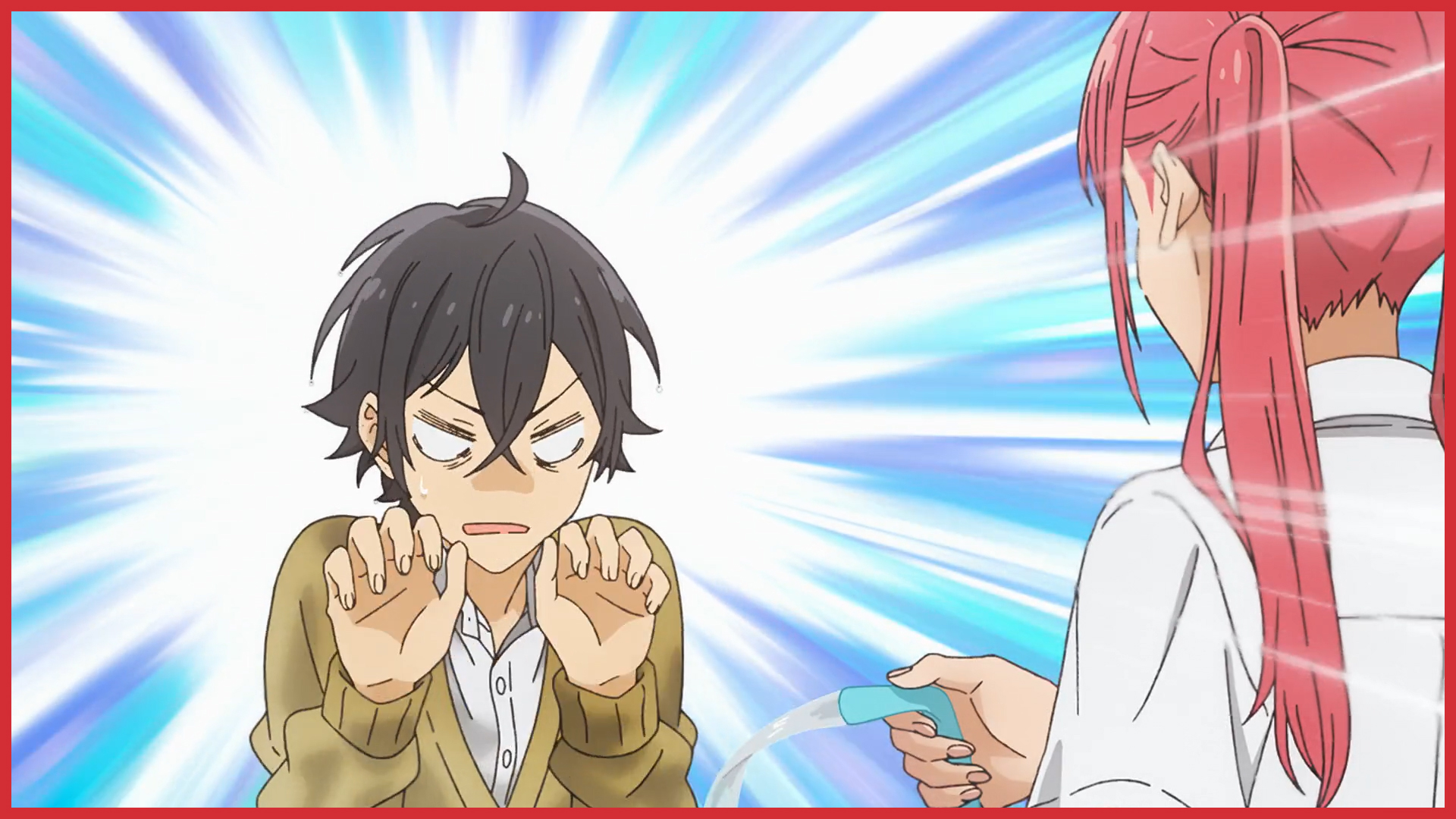 Remi drenches Miyamura | Image courtesy of Crunchyroll