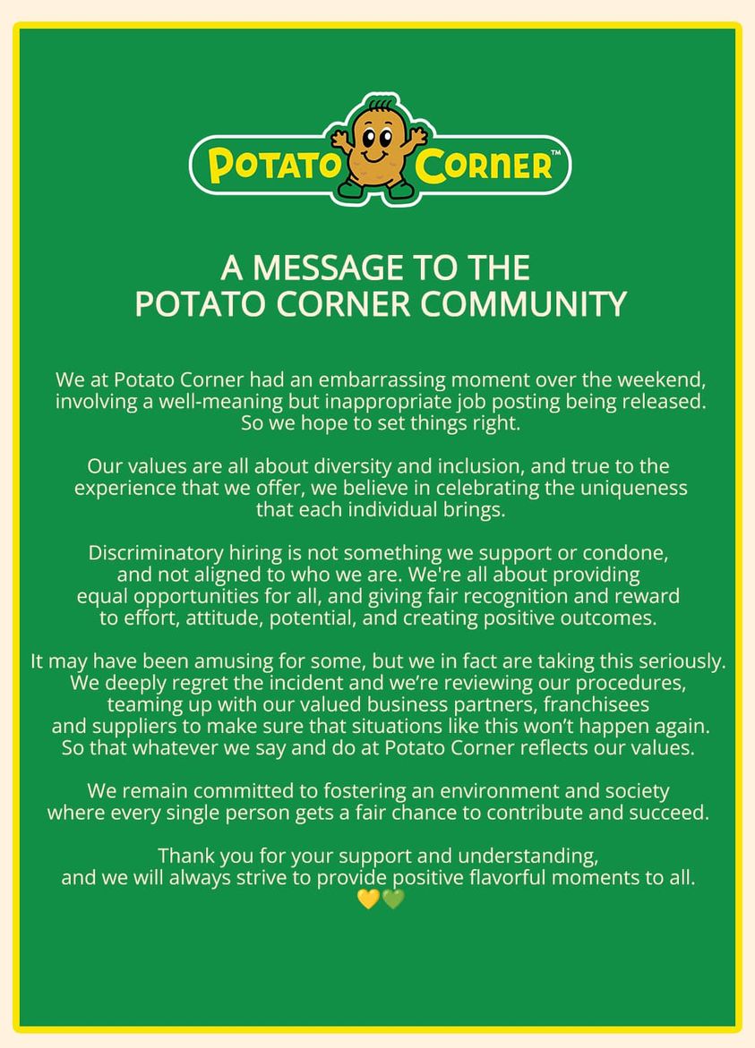 Potato Corner apologizes for a job listing