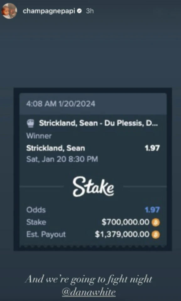 Drake bets $700k on Sean Strickland