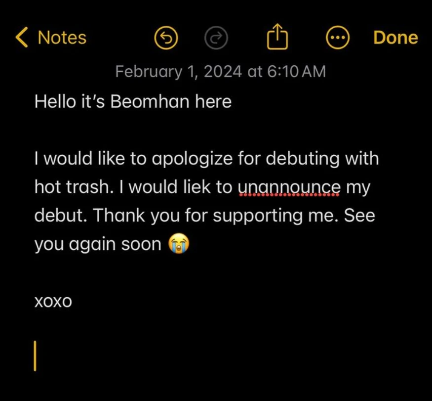 Beomhan's debut apology letter