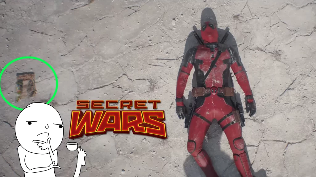 Deadpool beside a worn out Secret Wars Comic Book