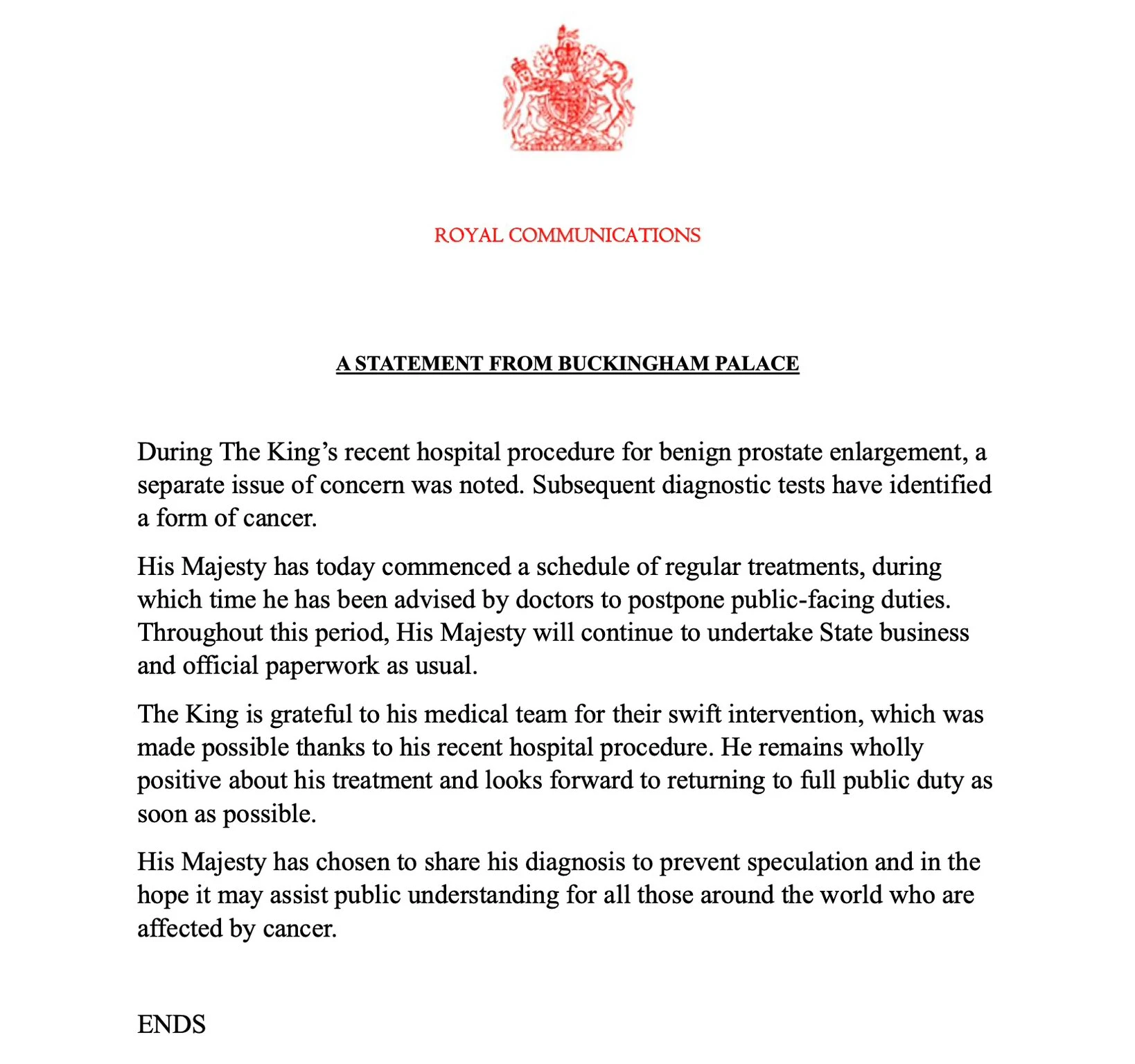 King Charles Cancer Announcement