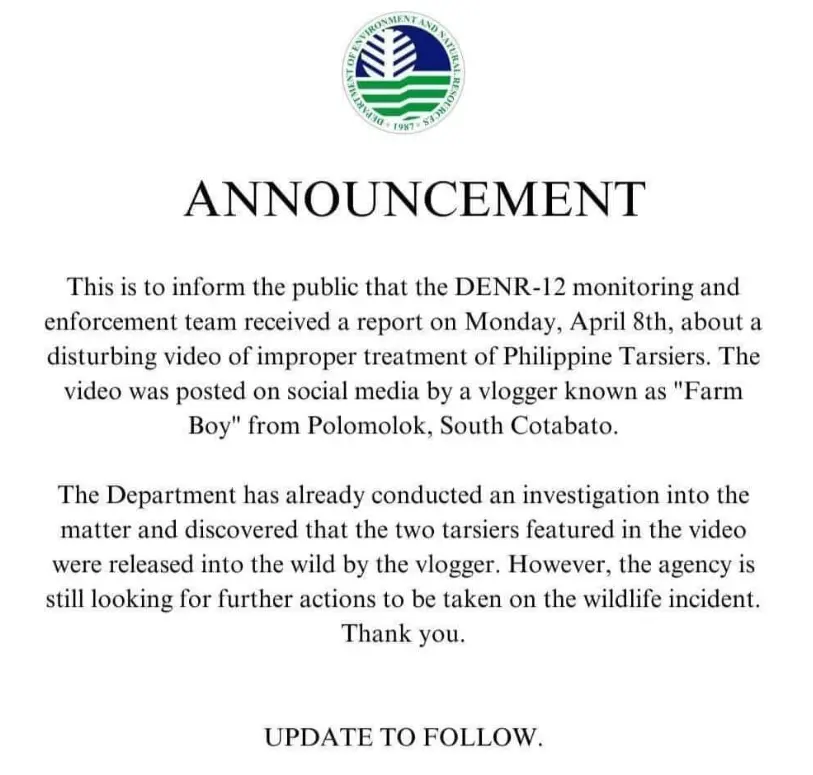 DENR post about the tarsier grabbing incident