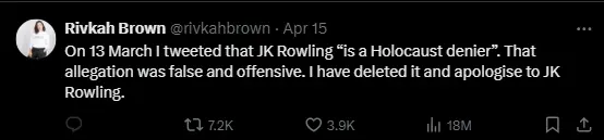 Rivkah Brown tweet holocaust denier
