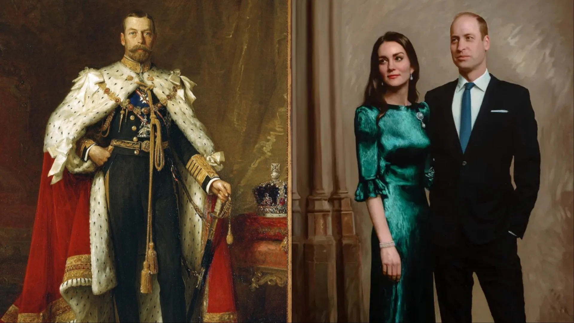 Royal Painting Portrait King George V, Prince William, and Princess Kate