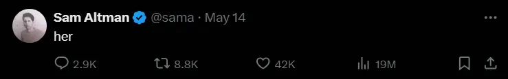 Sam Altman tweet about AI saying Her