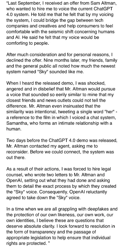 Scarlett Johansson statement from publicist Marcel Pariseau