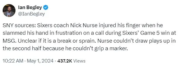 nick-nurse-injures-finger-in-game-5-against-knicks-2024-playoffs