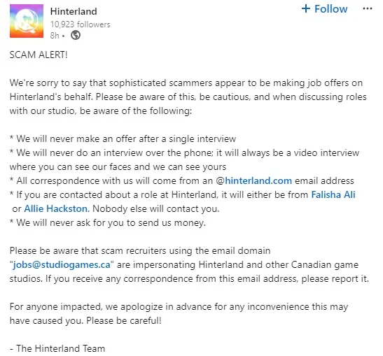 Hinterland Job Scam Alert