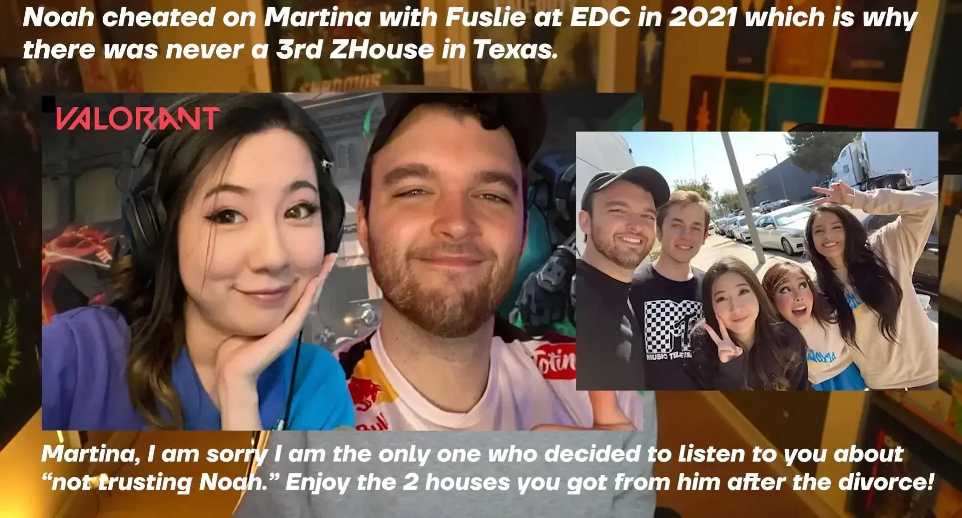 a screenshot from a video which has white text on the top and bottom of the picture an three photos in the middle