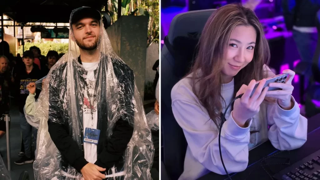 NoahJ456 with a plastic raincoat on (left) Fuslie gaming (right)